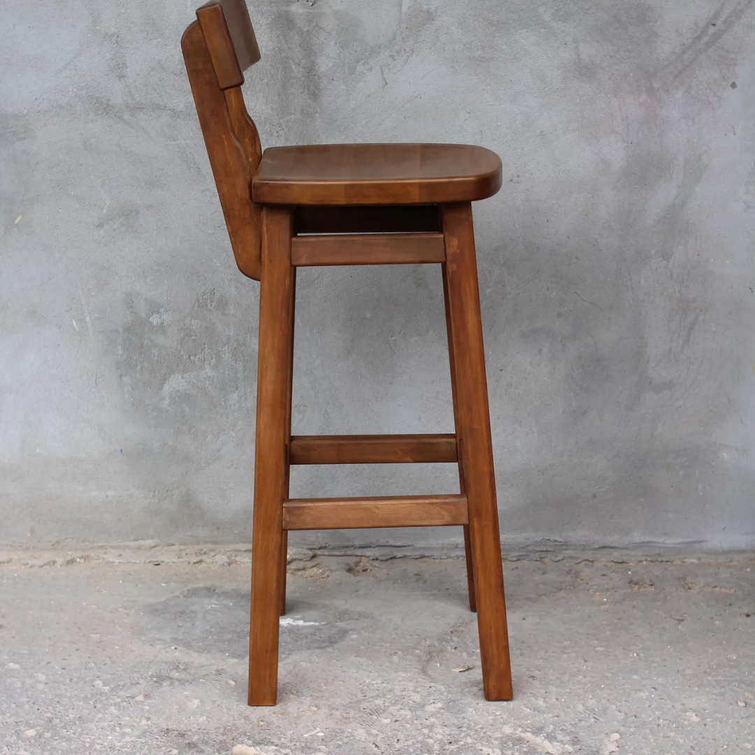 Tall Wooden Bar Stool | Solid Sheesham Wood with Ergonomic Seat & Curved Backrest | Rustic Farmhouse Counter Chair