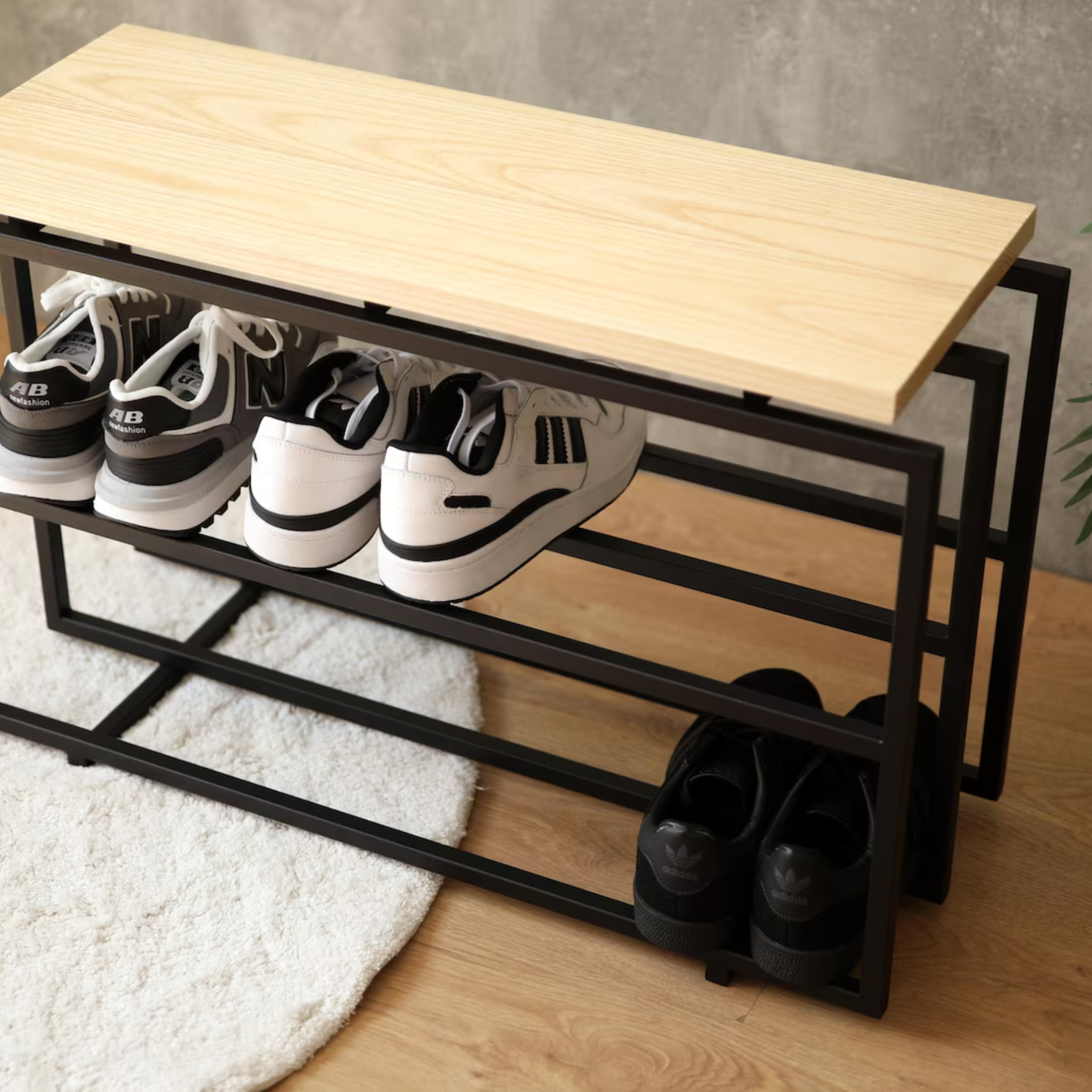 Two-Tier Shoe Bench – Sheesham Wood & Black Matte Metal  | Adaptivo Furniture