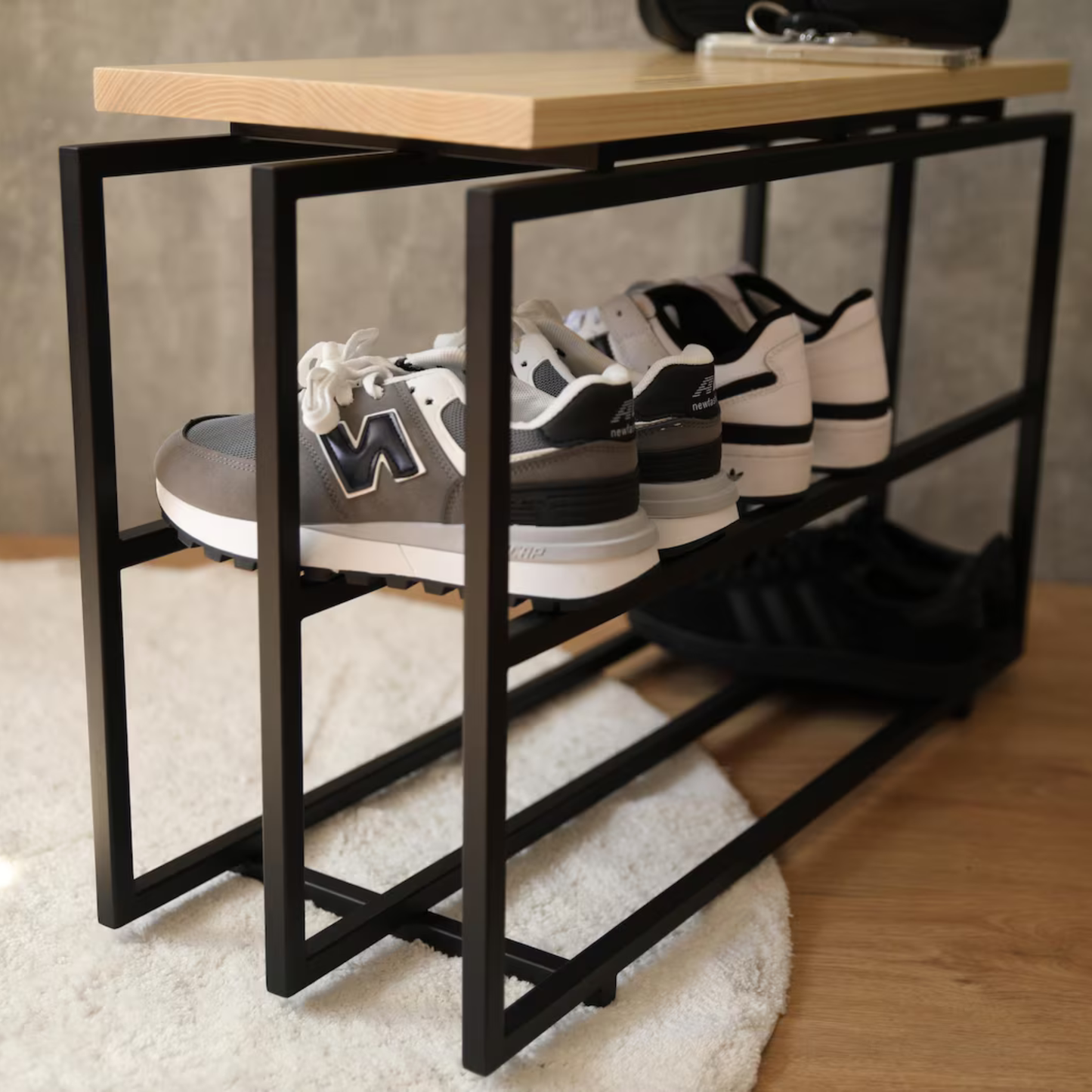 Two-Tier Shoe Bench – Sheesham Wood & Black Matte Metal  | Adaptivo Furniture