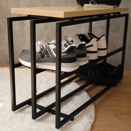 Two-Tier Shoe Bench – Sheesham Wood & Black Matte Metal  | Adaptivo Furniture