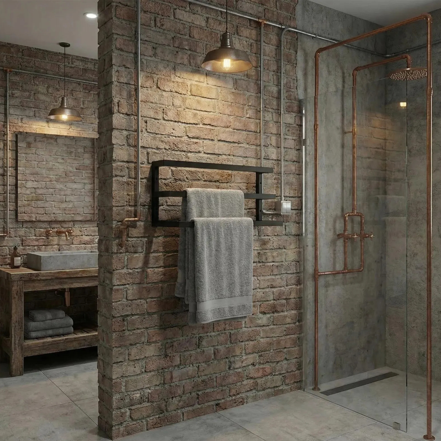 Industrial triple bar towel rack black steel wall mounted