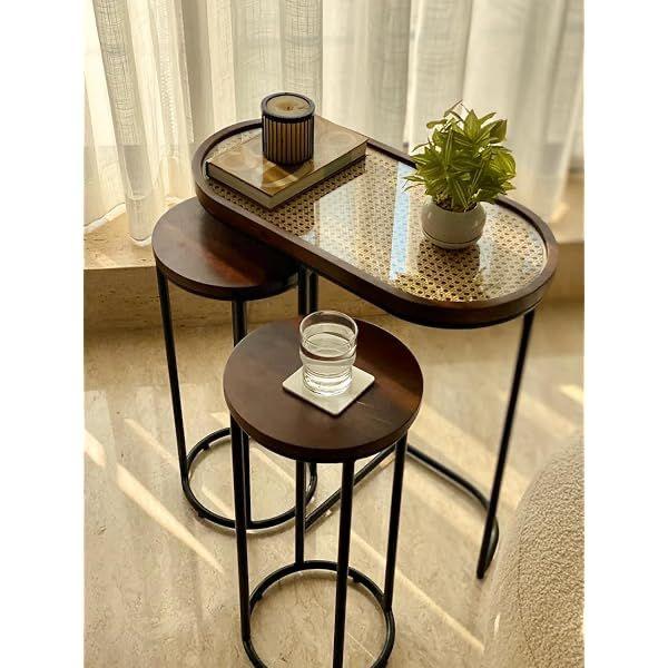 Charcoal Rattan Cane Side Table - Set of Three Side Tables