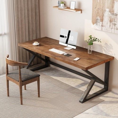 Industrial Style Wooden Study Table with Metal X-Frame Legs