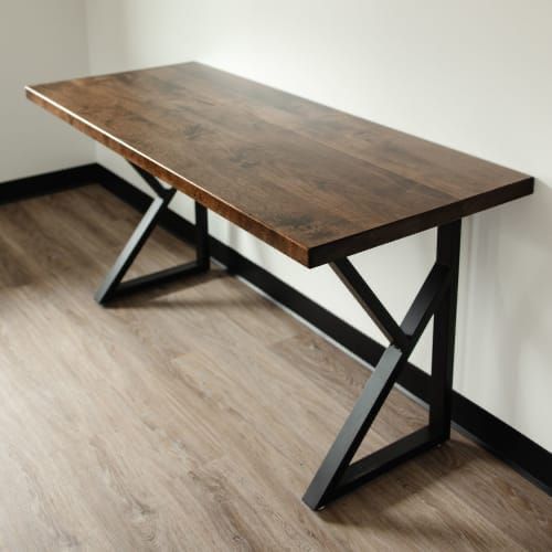 Industrial Style Wooden Study Table with Metal X-Frame Legs
