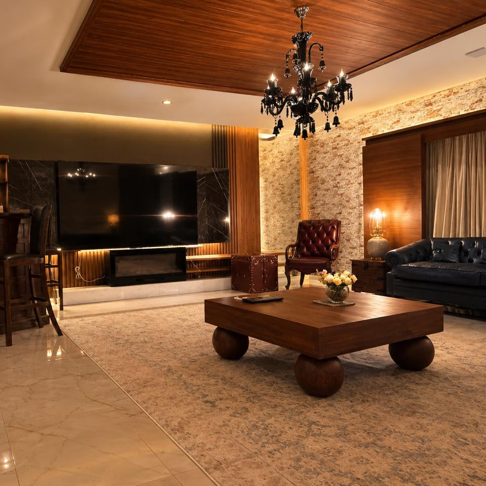 A luxury modern living room featuring a large wooden coffee table in the foreground, a dark leather sofa, a tufted armchair, a bar counter with stools on the left, and a large wall-mounted television. The room has warm wood paneling on the ceiling, a black chandelier, and a patterned beige rug.