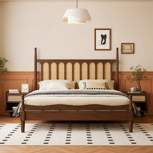A mid-century modern wooden bed frame with a cane slatted headboard, styled in a warm beige bedroom with nightstands, a hanging pendant light, and framed wall art.