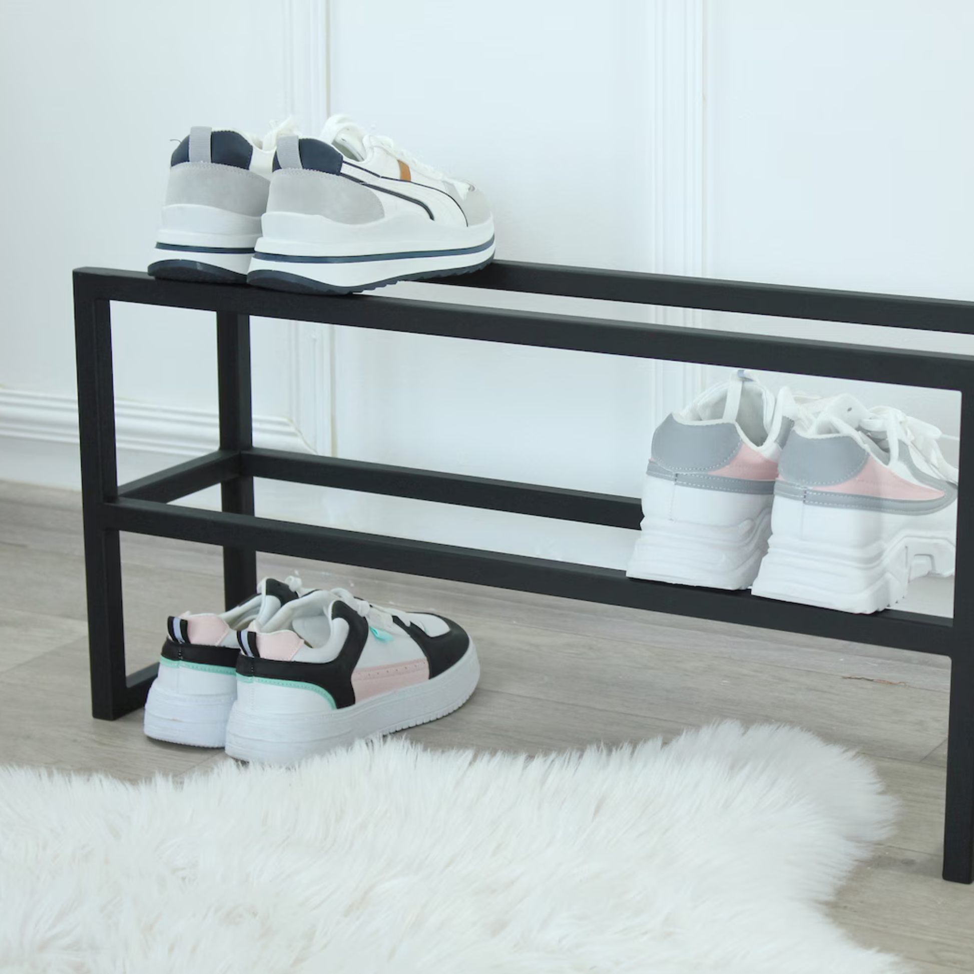 Bright Yellow Metal Shoe Stand – Compact 2-Tier Design for Hallway Storage