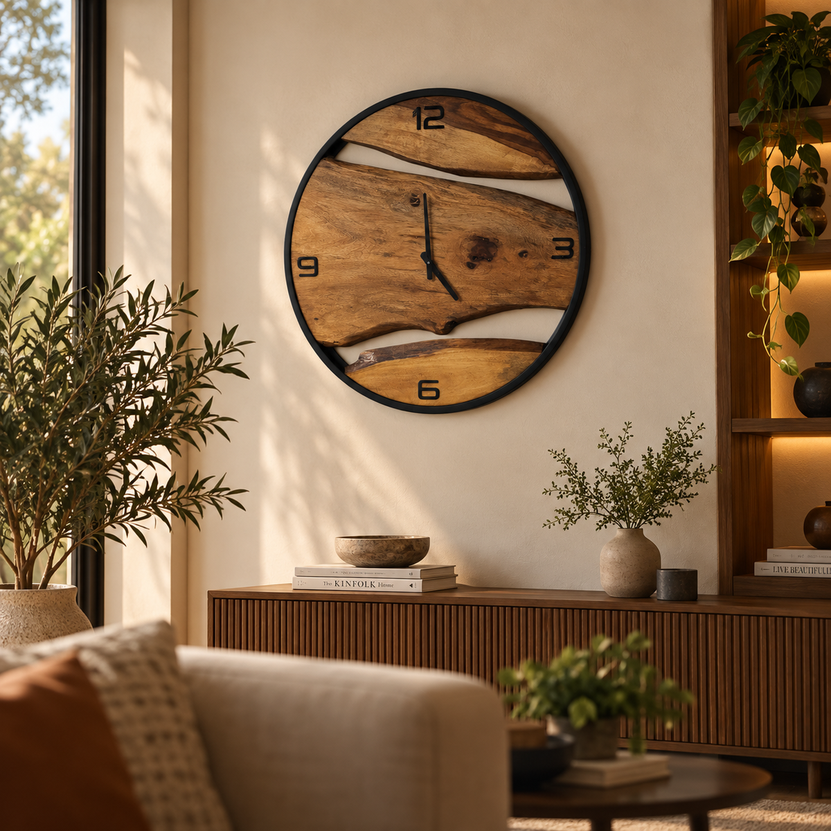Natural live edge wood wall clock with black metal frame for living room