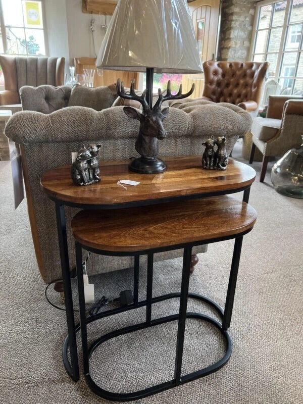 Compact Sheesham wood nest of tables with metal frame