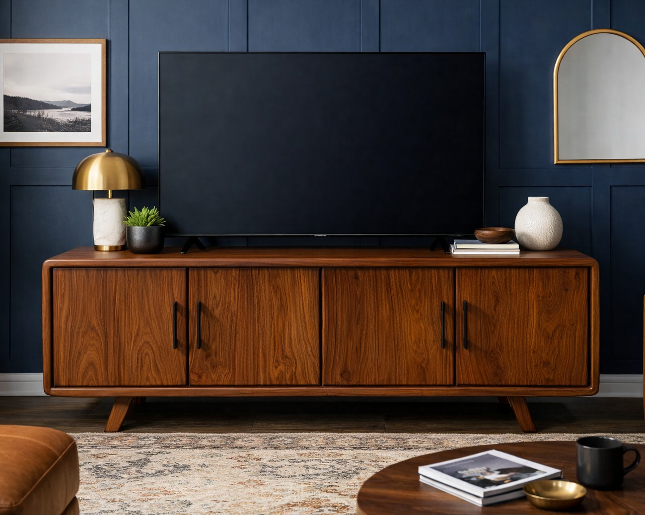 Wooden TV stand with a large flat-screen TV against a dark blue wall in a living room setting.