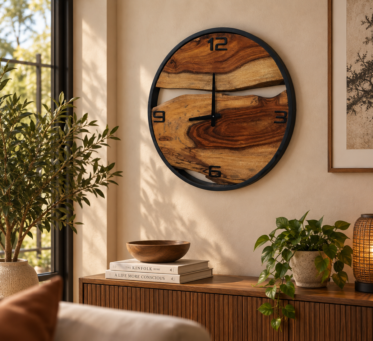 Round wall clock with a natural wood grain face and black frame, mounted on a beige wall in a styled living room setting with plants and a wooden console table.