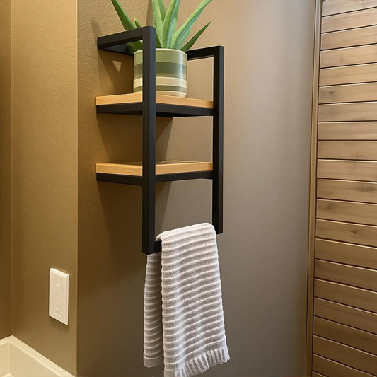 Black Metal & Wood 2-Tier Wall Shelf with Towel Bar – Modern Bathroom Storage by Adaptivo Furniture