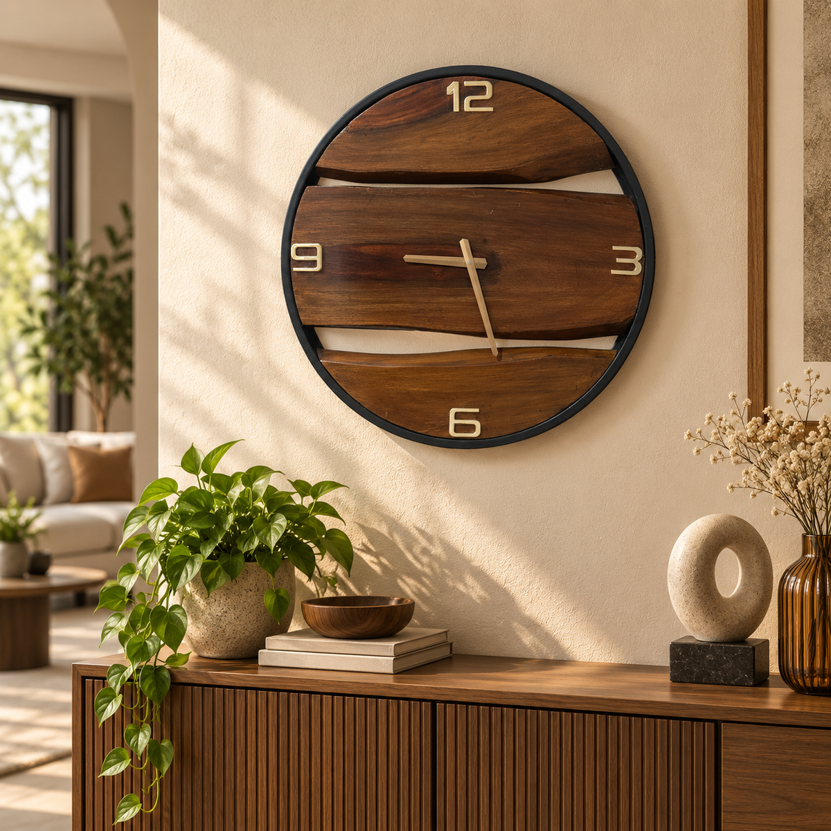 A round wall clock made from horizontal wood planks with a black frame and cream-colored numerals, mounted on a beige wall in a modern living room setting above a wooden console table.