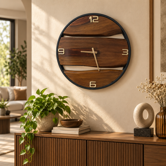 A round wall clock made from horizontal wood planks with a black frame and cream-colored numerals, mounted on a beige wall in a modern living room setting above a wooden console table.