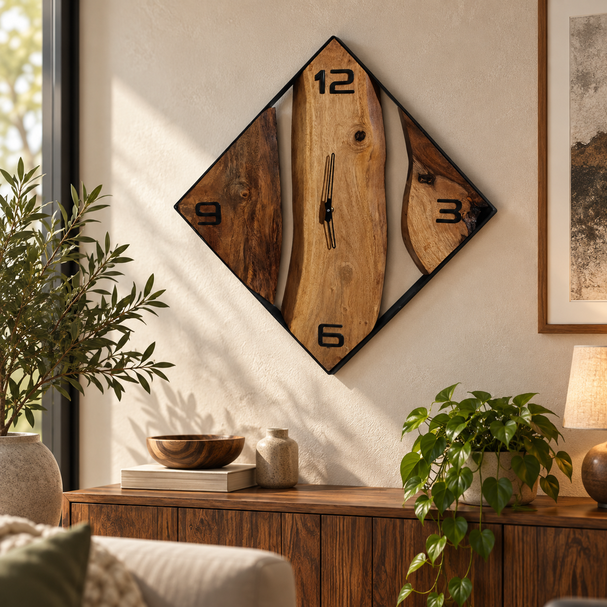 A diamond-shaped wall clock made from natural wood planks with black numerals and hands, mounted on a beige wall in a styled living room setting with plants and a wooden console table.