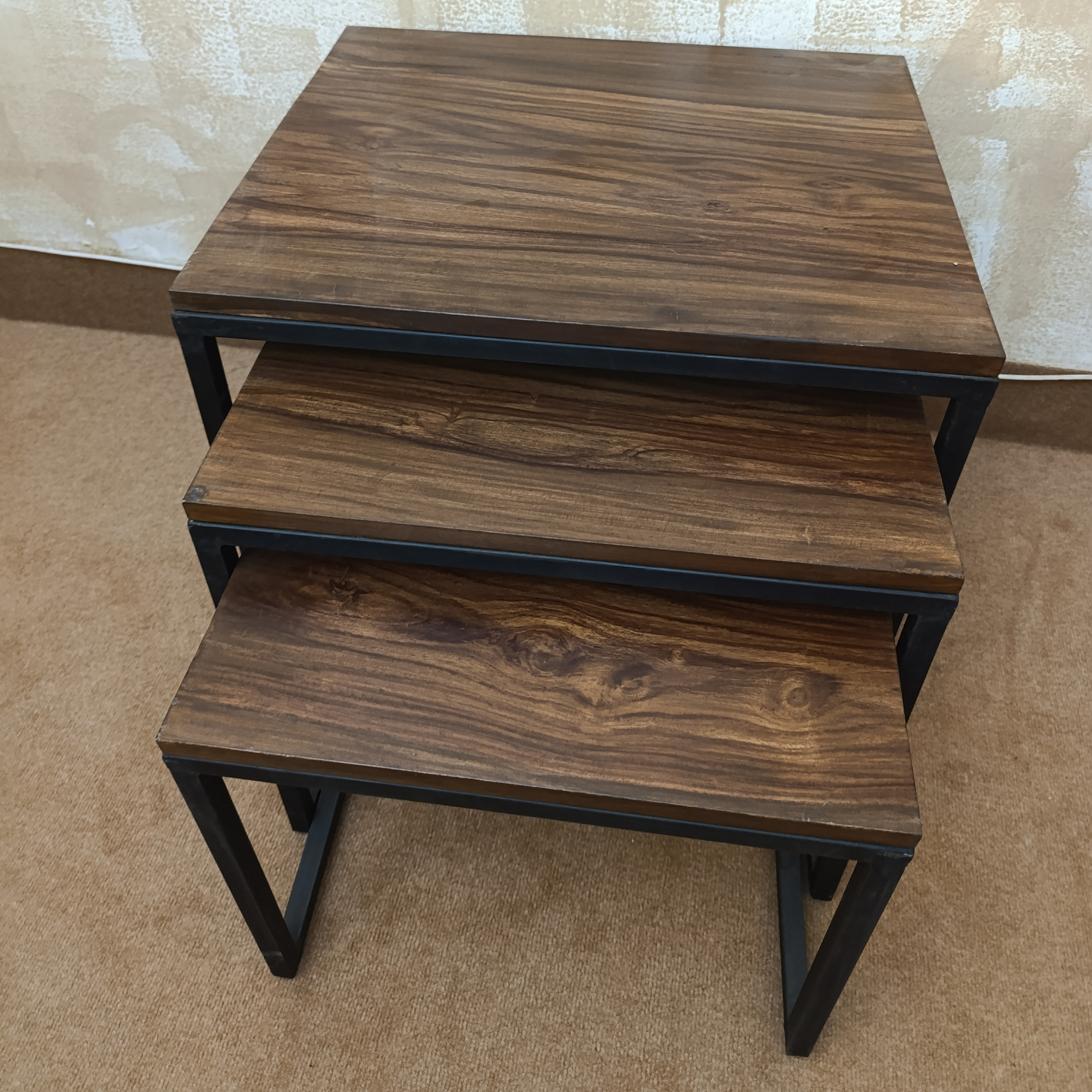 Clive large 3-piece nesting tables – Sheesham wood tops with black metal frames by Adaptivo Furniture