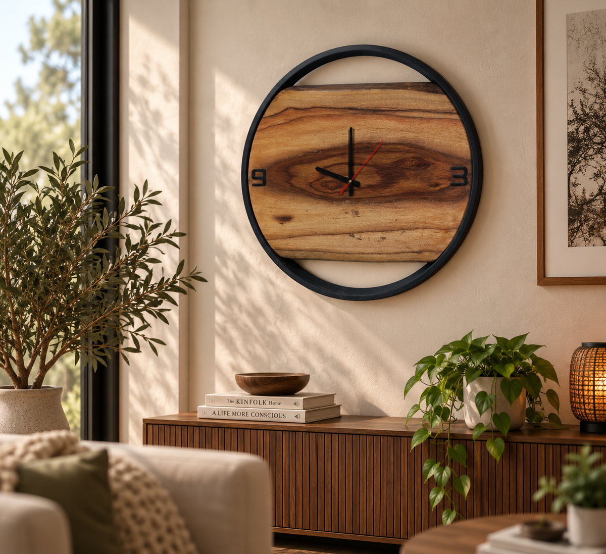 A round wall clock with a natural wood grain face and a black metal frame, mounted on a beige wall in a modern, sunlit living room with plants and a wooden console table.