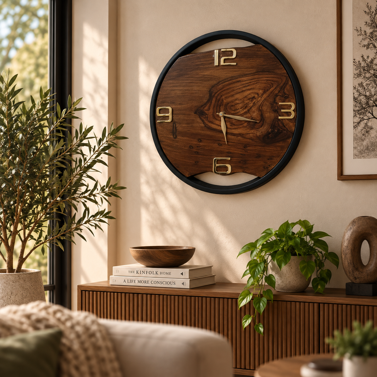 A round wooden wall clock with a black frame and gold-tone numerals, mounted on a beige wall in a styled living room setting with plants and a wooden console table.