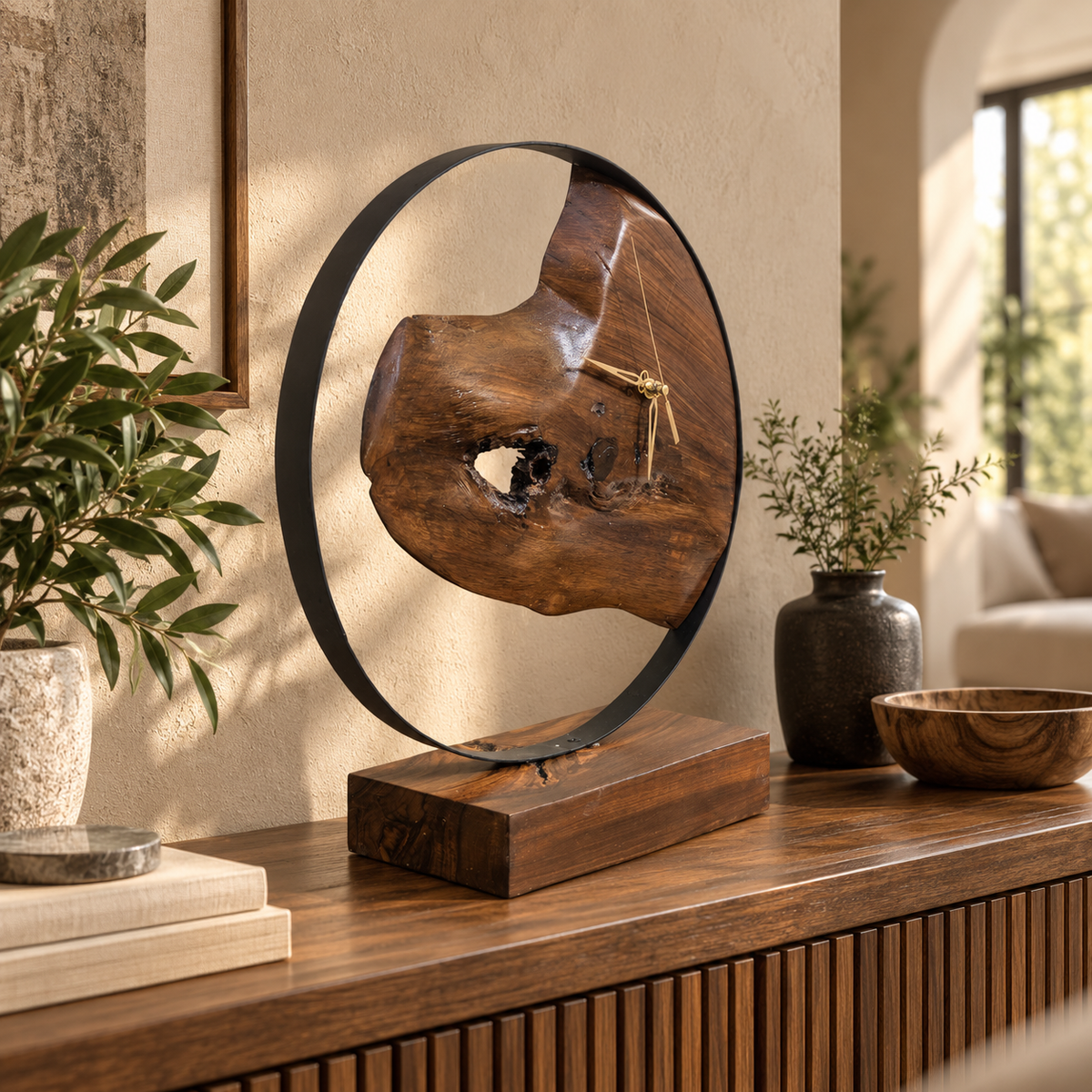 A decorative wooden sculpture clock with a raw wood slice mounted in a black circular frame on a wooden base, styled on a wooden console table in a warm, modern interior setting.