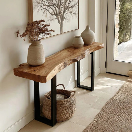 Live Edge Sheesham Wood Console Table with Metal Legs