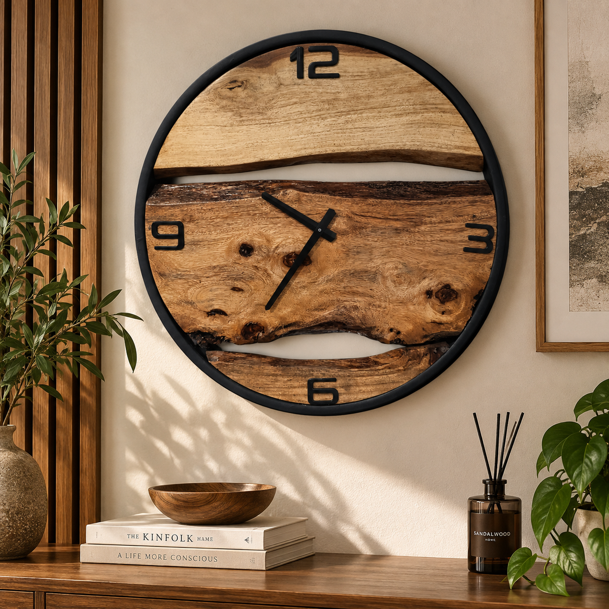 A round wall clock with a rustic wood grain face and black frame, mounted on a beige wall above a wooden console table with books, a bowl, and plants.
