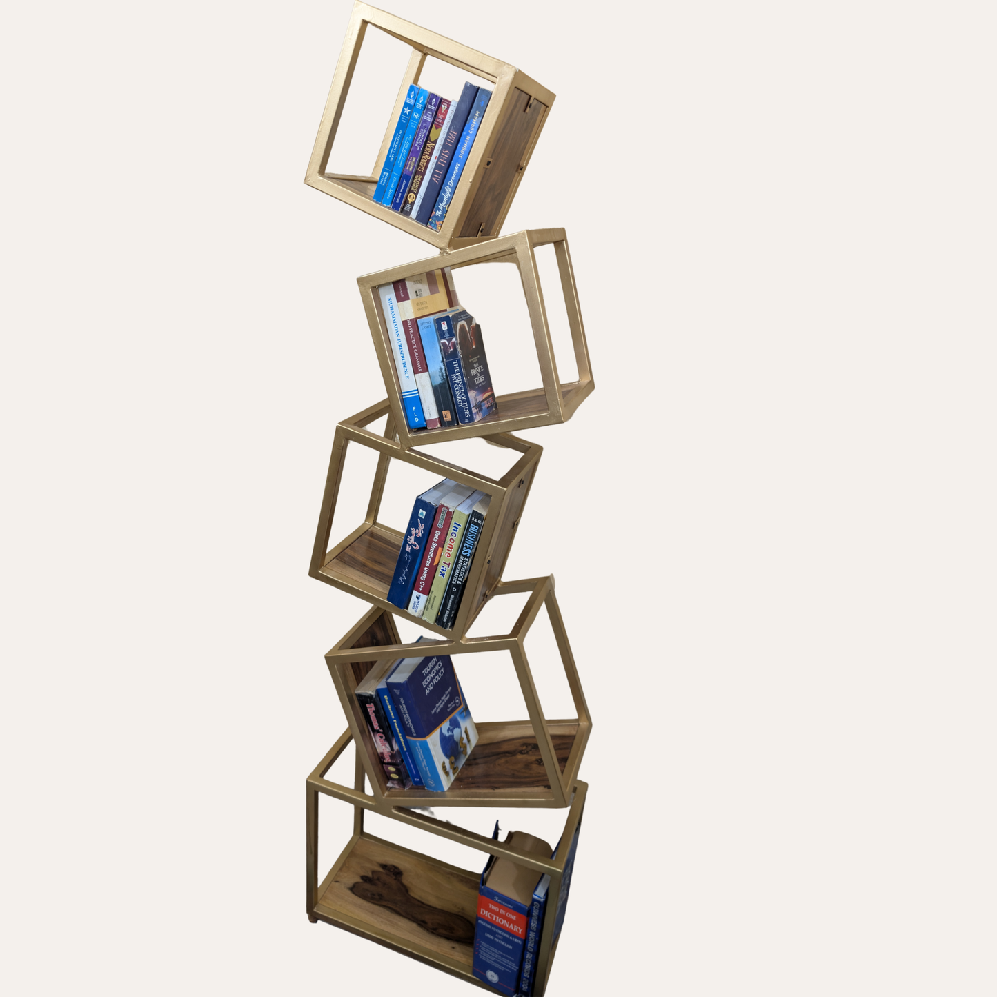 “Golden 5-tier metal geometric bookshelf with modern luxury design – stylish open shelf for living rooms, offices, and showrooms by Adaptivo Furniture.”