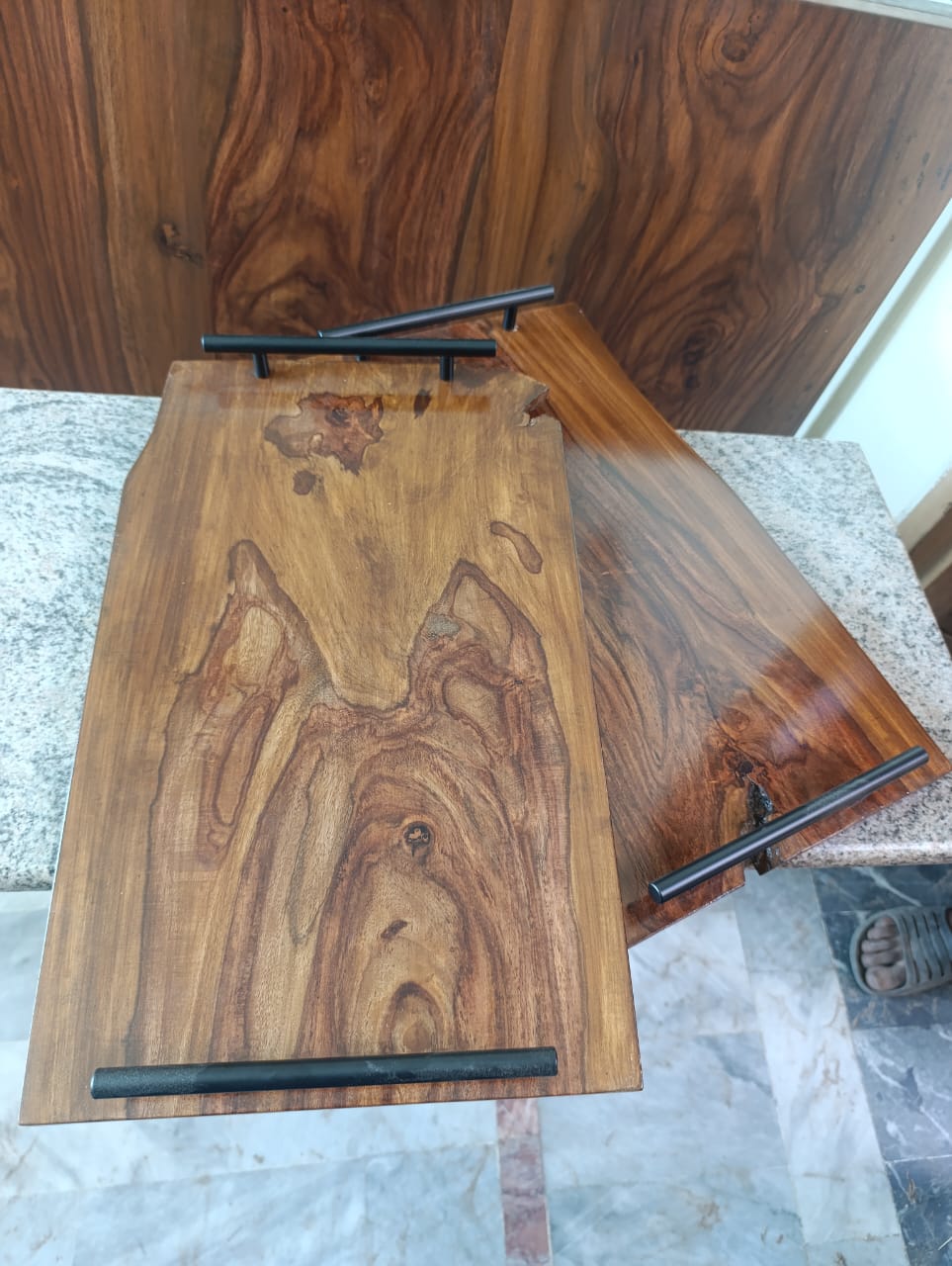 Handcrafted Sheesham wood live edge cutting and serving board with handle