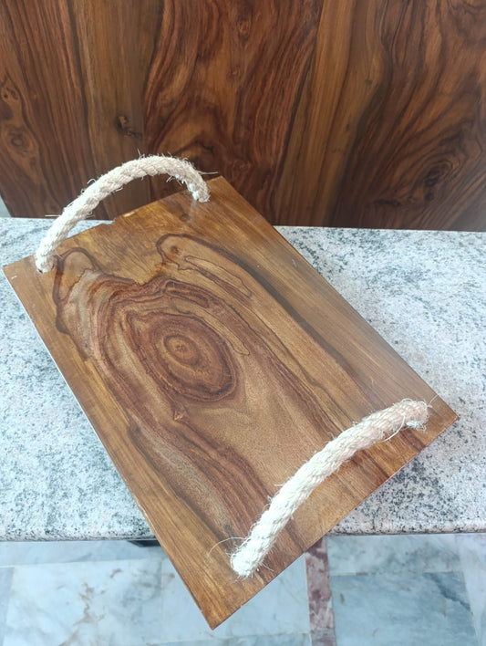 Handcrafted Sheesham wooden serving tray with rope handles for snacks and drinks