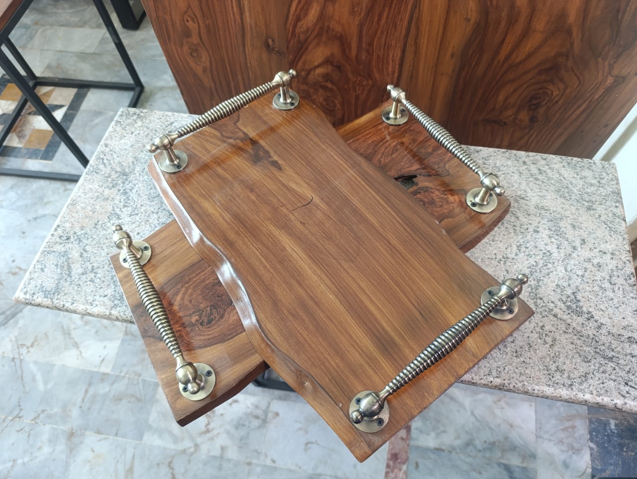 Handcrafted Sheesham wooden serving tray with handles for serving and decor
