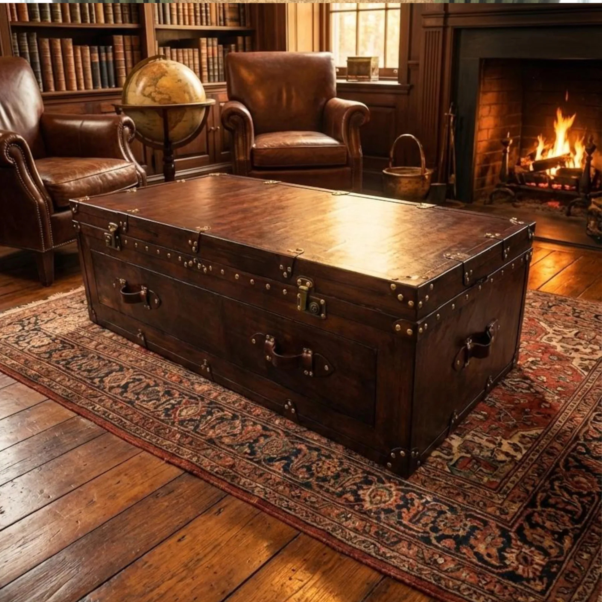 Vintage wooden coffee table trunk placed in rustic living room interior
