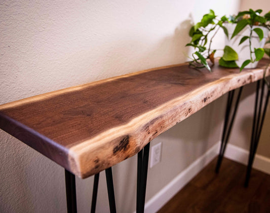 Live Edge Black Sheesham Console Table - Custom Handmade Entryway Sofa Table