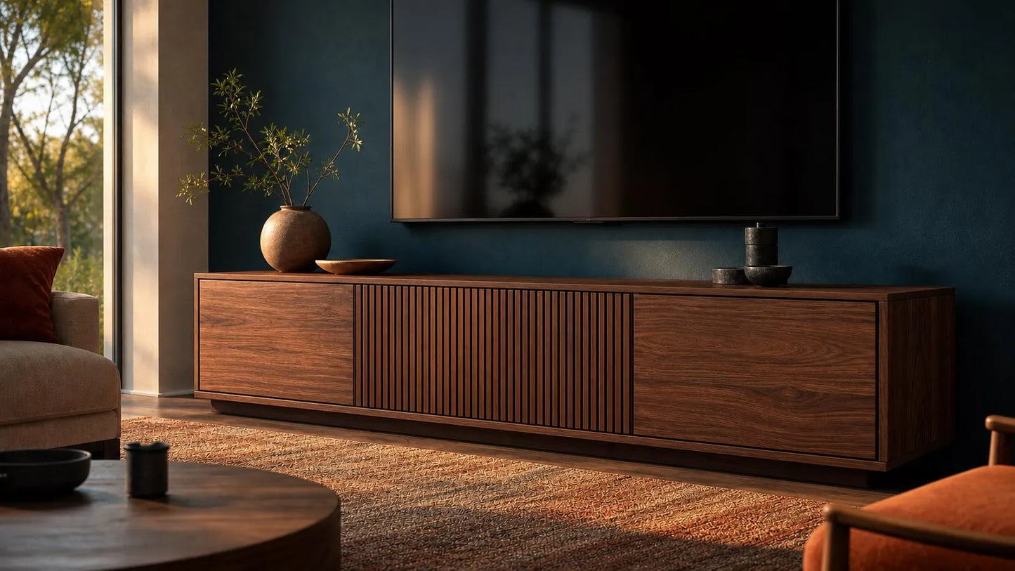 Solid Sheesham Wood TV Stand | Modern Slatted Media Console | Custom Entertainment Cabinet | Adaptivo Furniture