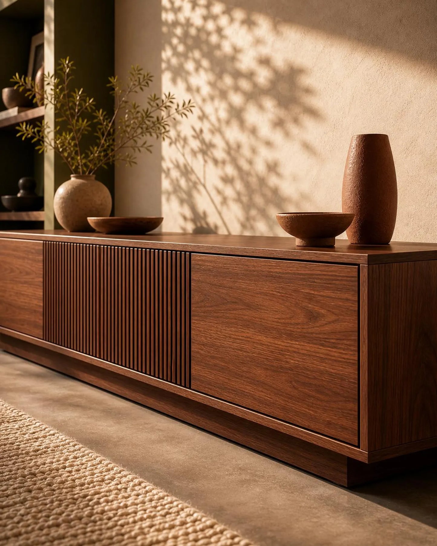 Solid Sheesham Wood TV Stand | Modern Slatted Media Console | Custom Entertainment Cabinet | Adaptivo Furniture
