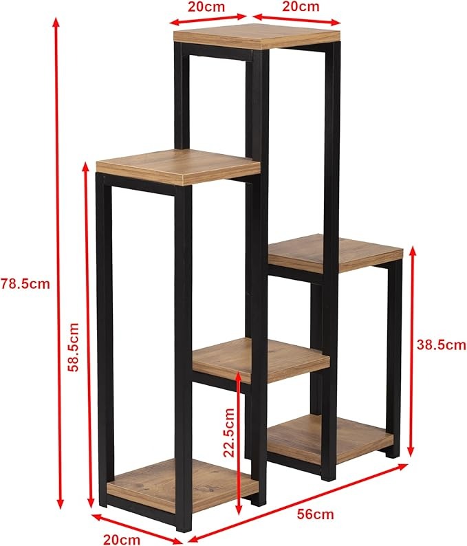 Wooden shelf with black metal frame and dimensions marked on a white background