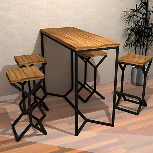 Wooden bar table with four stools on a wooden floor against a white brick wall.