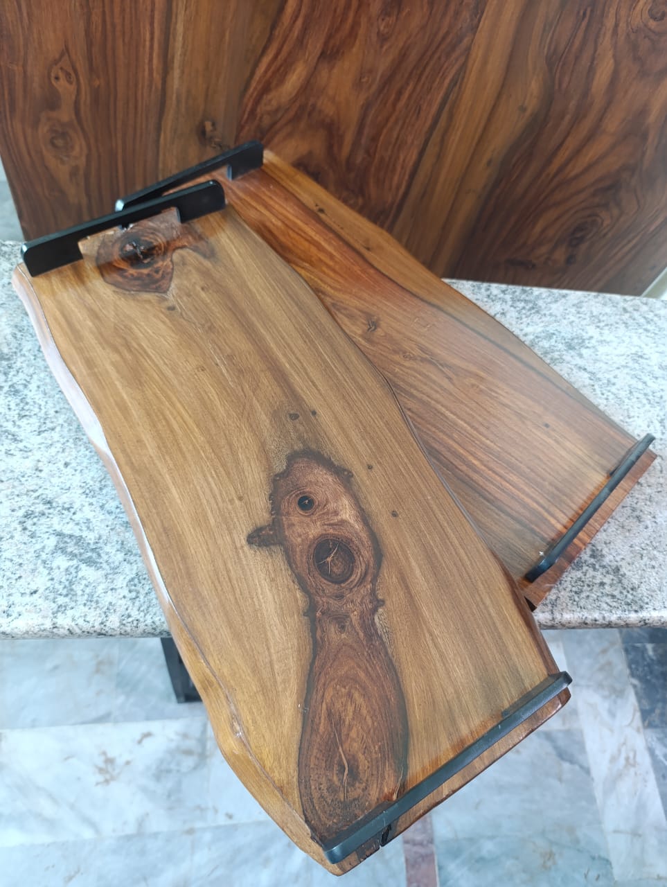 Premium handcrafted Sheesham large wooden tray for serving and decor.