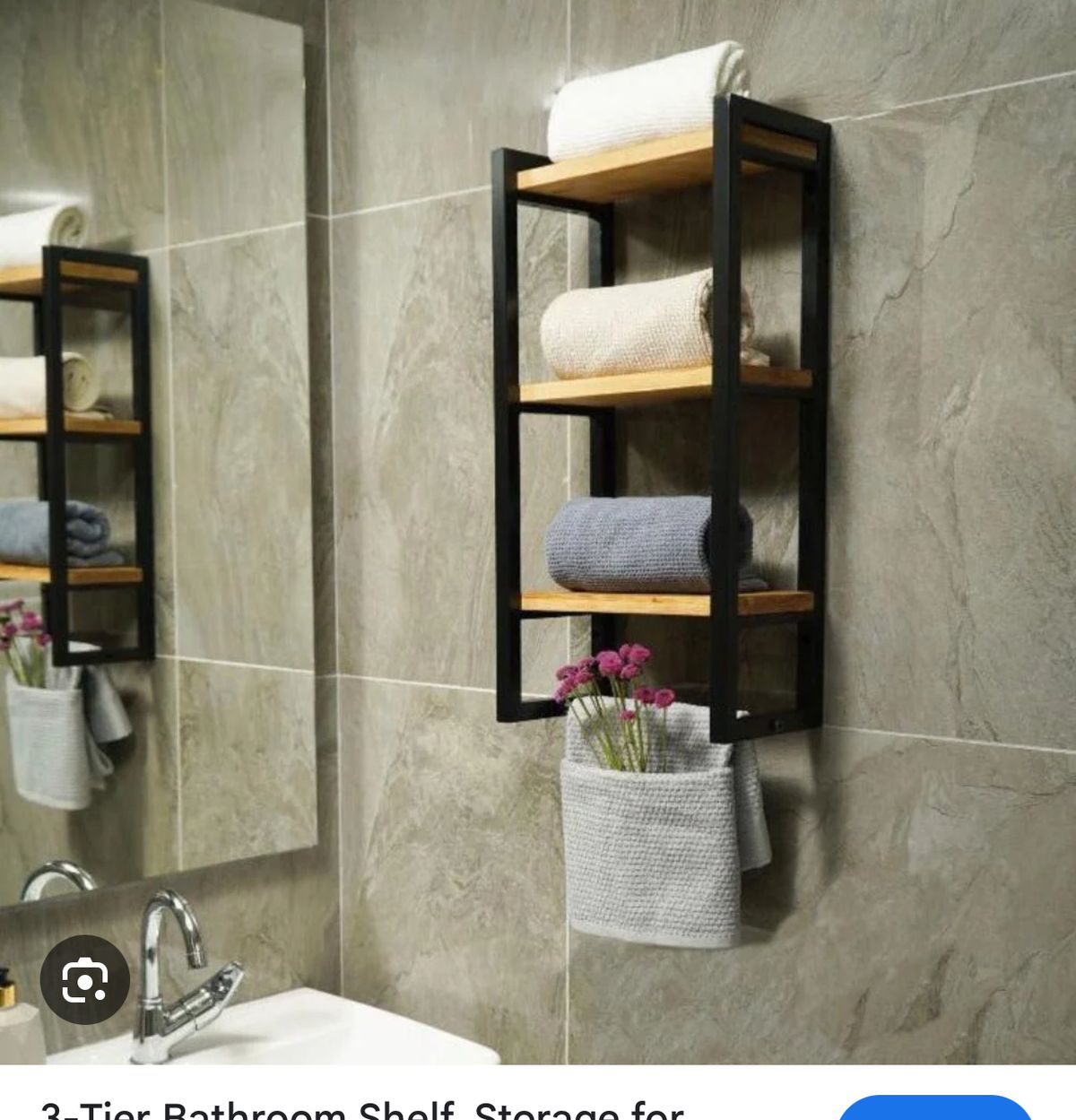 3 Tier Wall-mounted bathroom towel shelf with wooden shelf and metal storage rack