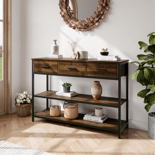 Rustic Console Table – Solid Sheesham Wood with Drawers & Shelves by Adaptivo Furniture