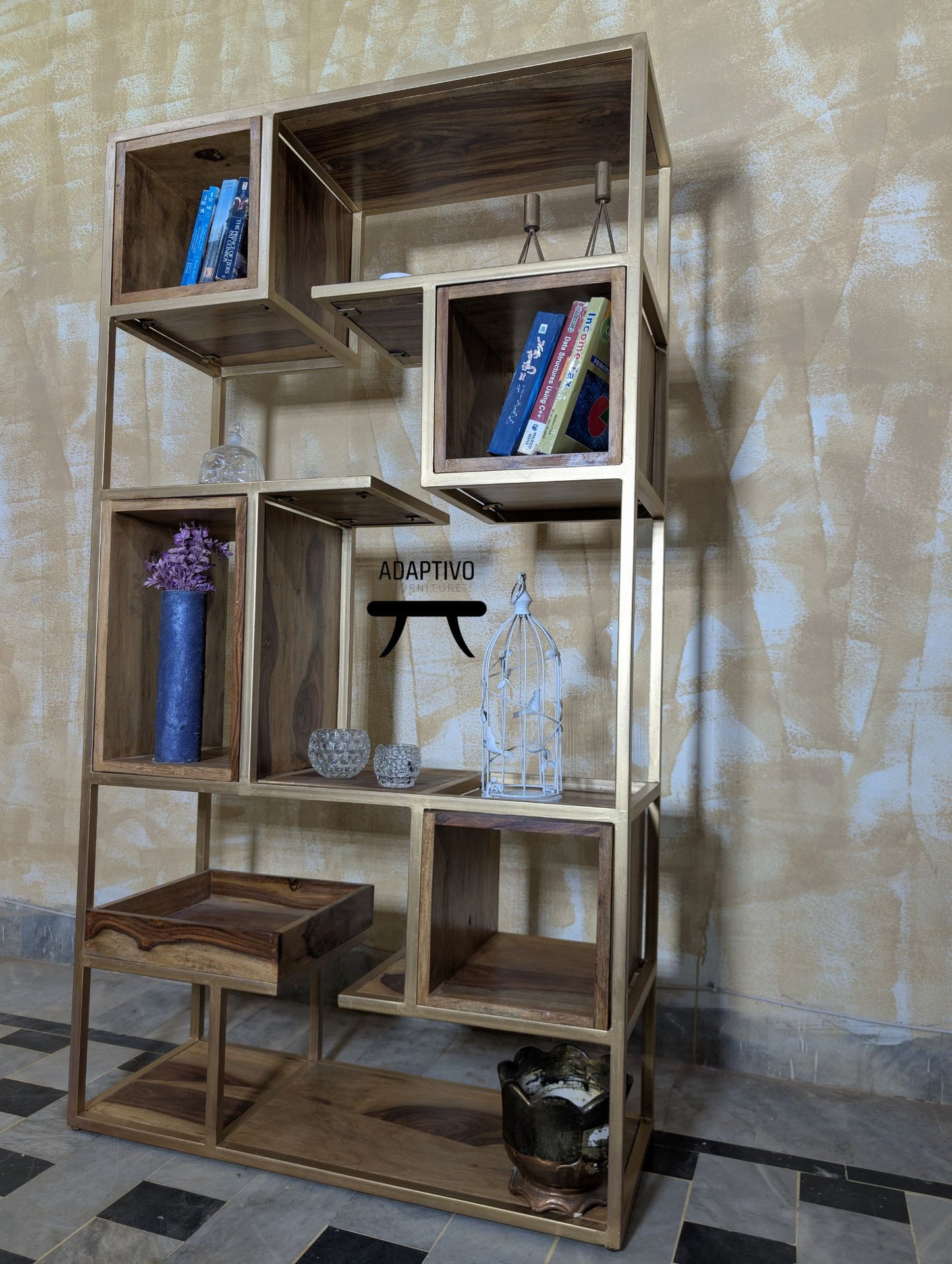 Industrial tall storage rack with Sheesham wood shelves