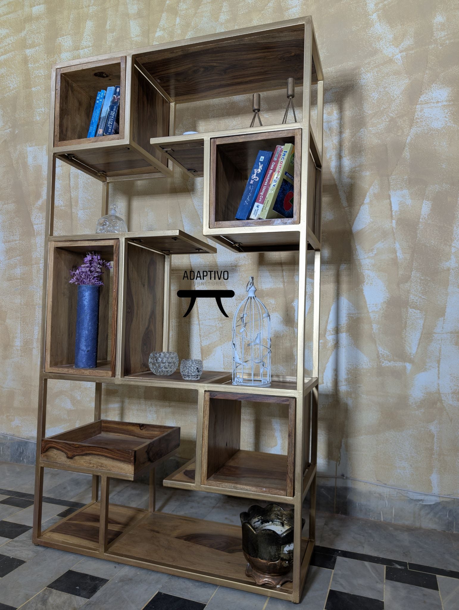 Industrial tall storage rack with Sheesham wood shelves