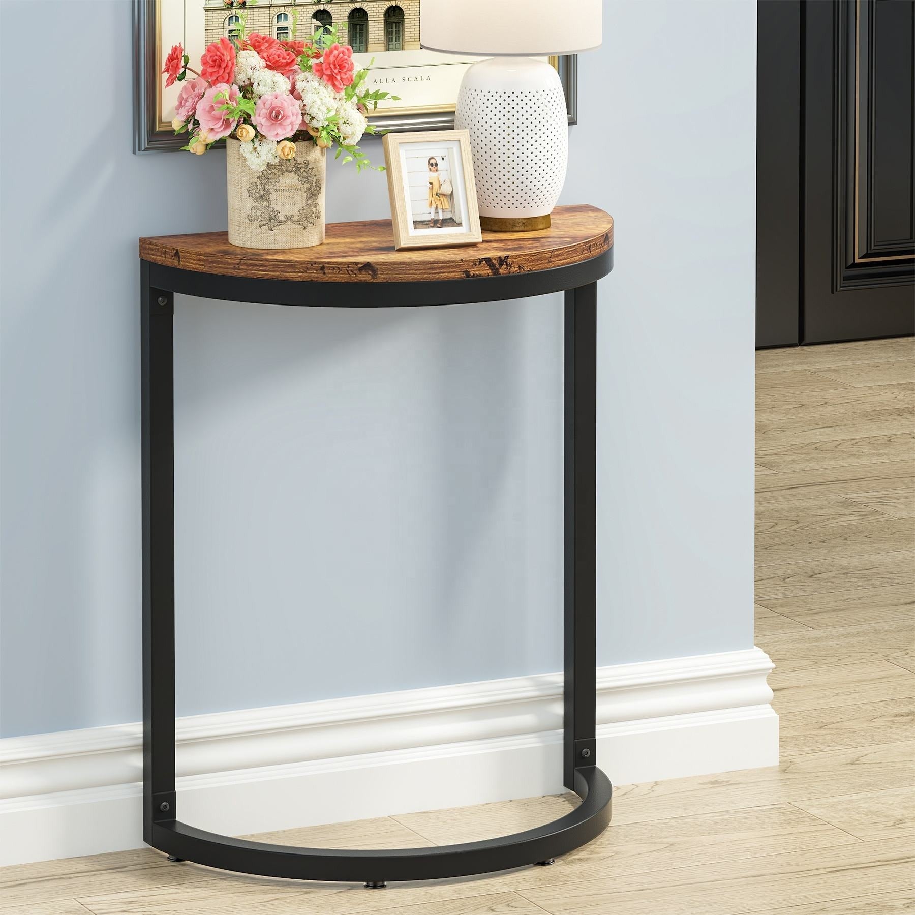 Rustic sofa side table with wood top and black iron base