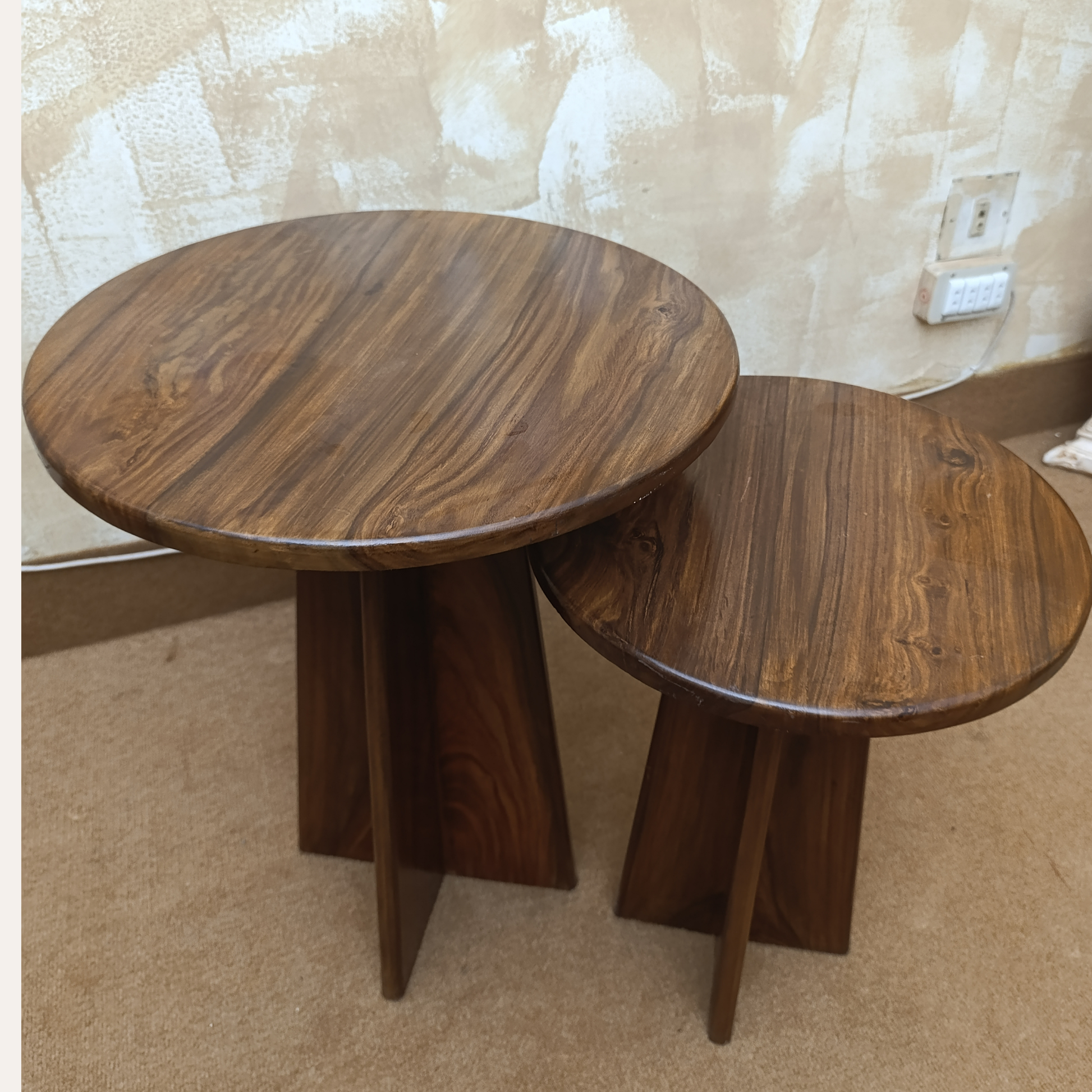 Sheesham round nesting tables styled in modern living room décor – Adaptivo Furniture