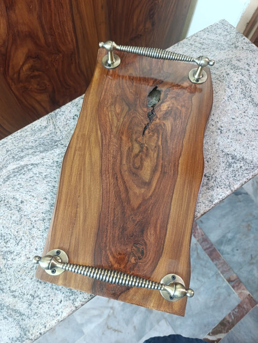 Front view of handcrafted Sheesham serving tray with handles – Adaptivo Furniture