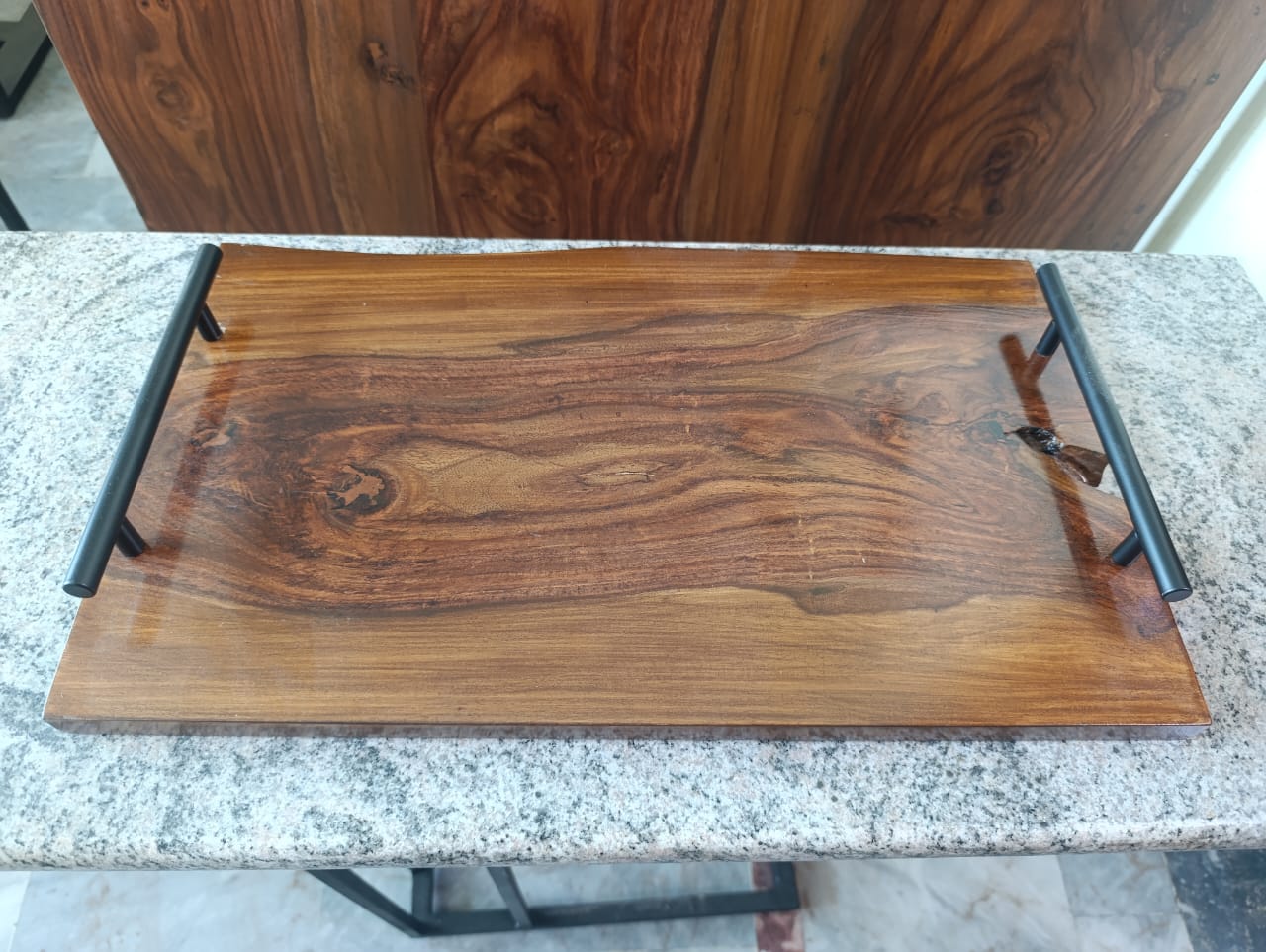 Sheesham wood live edge serving tray with sturdy handle