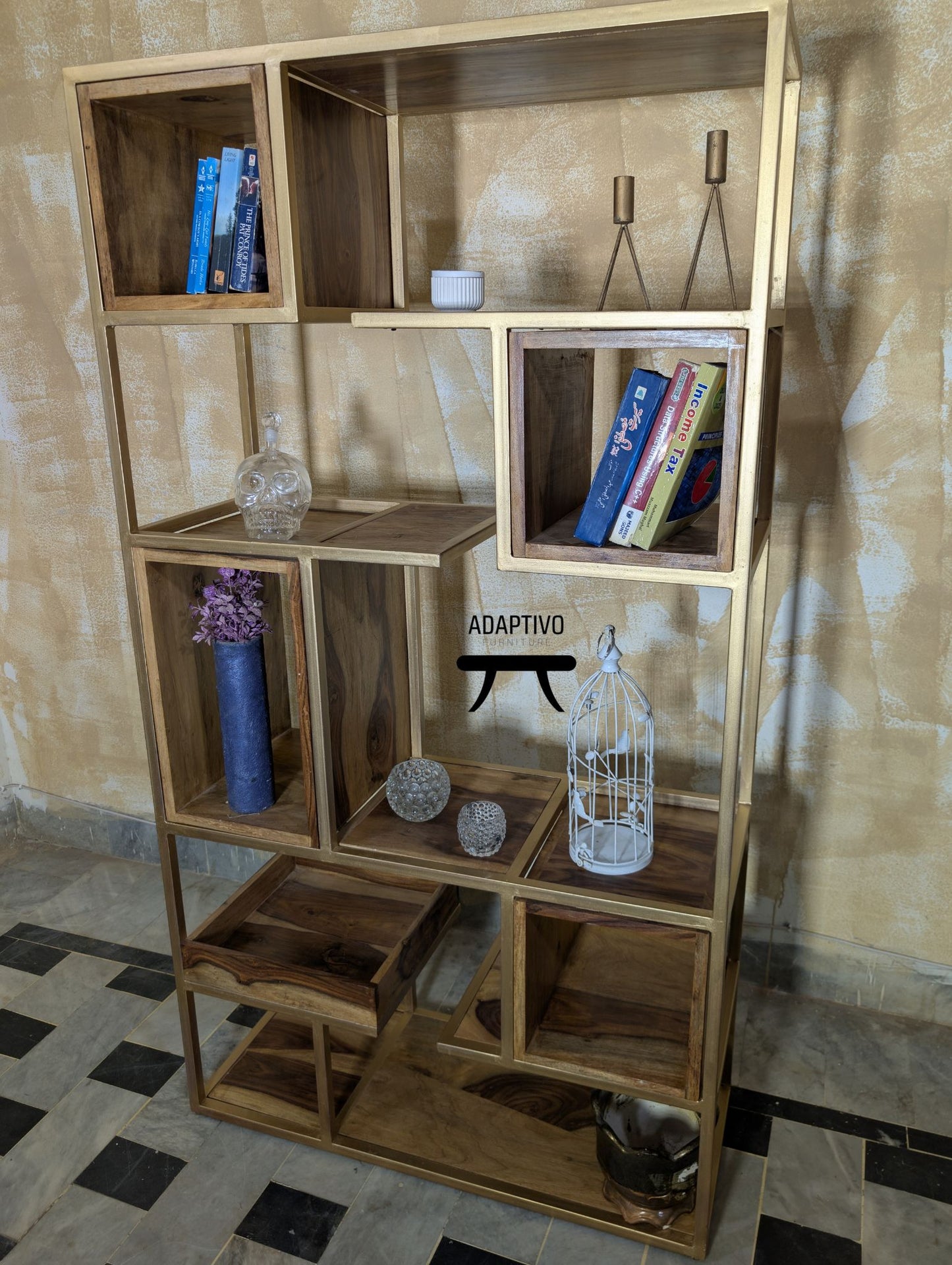 Freestanding rustic Sheesham wood and metal tall shelf