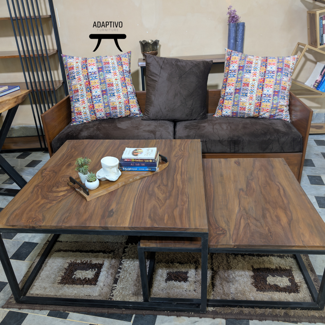 Handcrafted Sheesham wood nesting table set rustic design