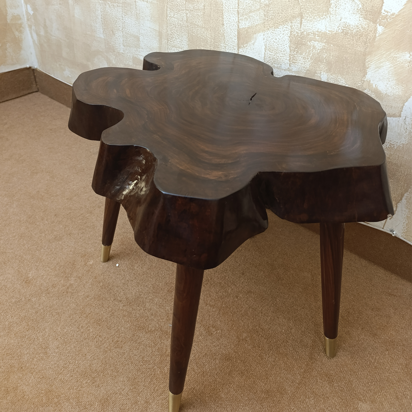 Handcrafted Sheesham Wood Coffee Table with Brass Legs