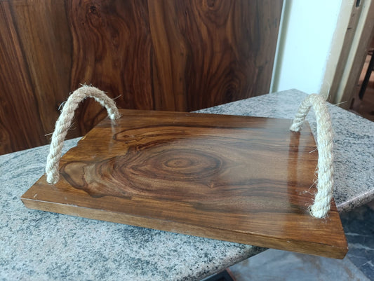 Front view of Sheesham wooden serving tray with rustic rope handles – Adaptivo Furniture