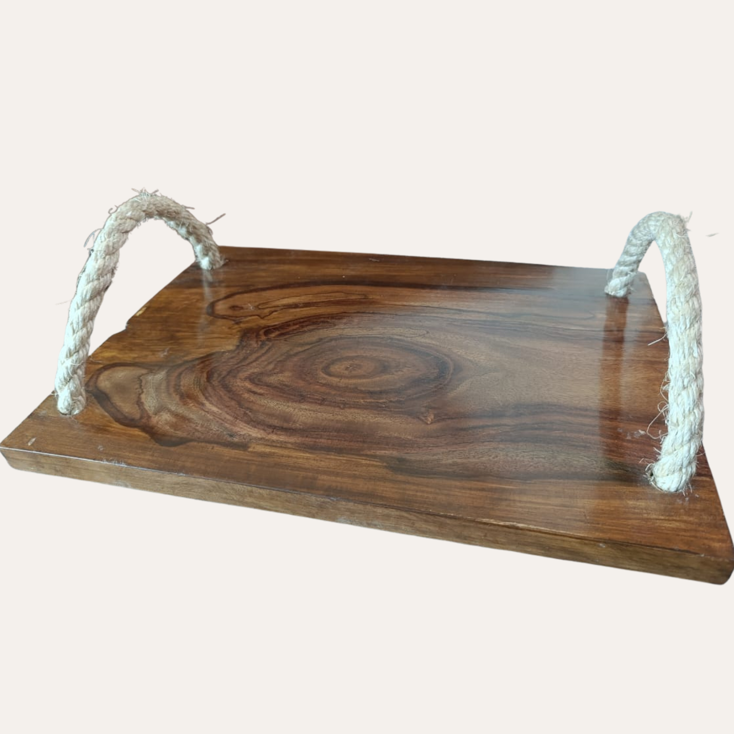 Sheesham Wooden Serving Tray with Rope Handles – Handcrafted Natural Finish | Adaptivo Furniture