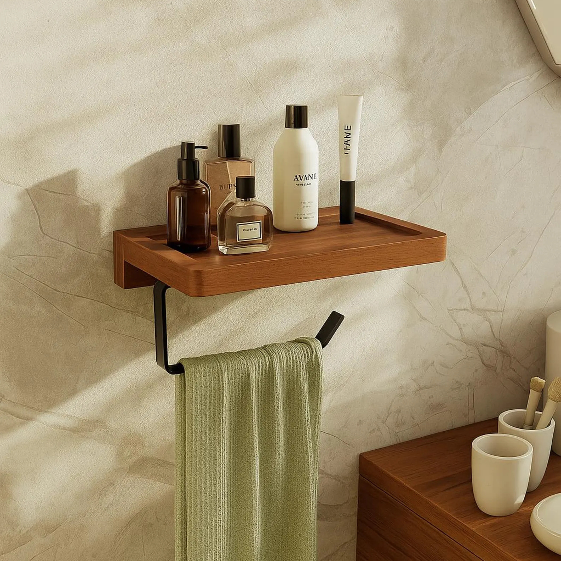 Sheesham Wood Wall Shelf with Metal Towel Holder – Kitchen Organizer